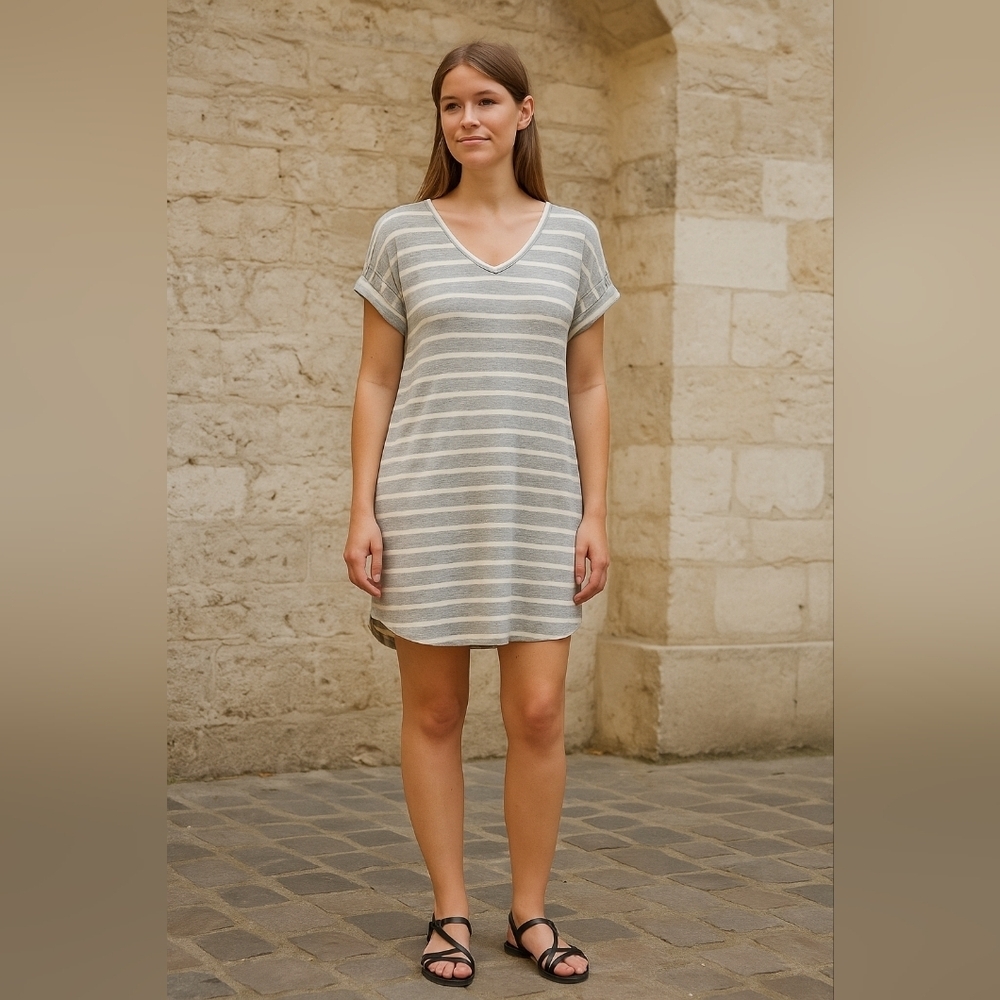 Striped T-Shirt Dress Medium Soft Knit Casual Lounge Dress w Cuffed Sleeves